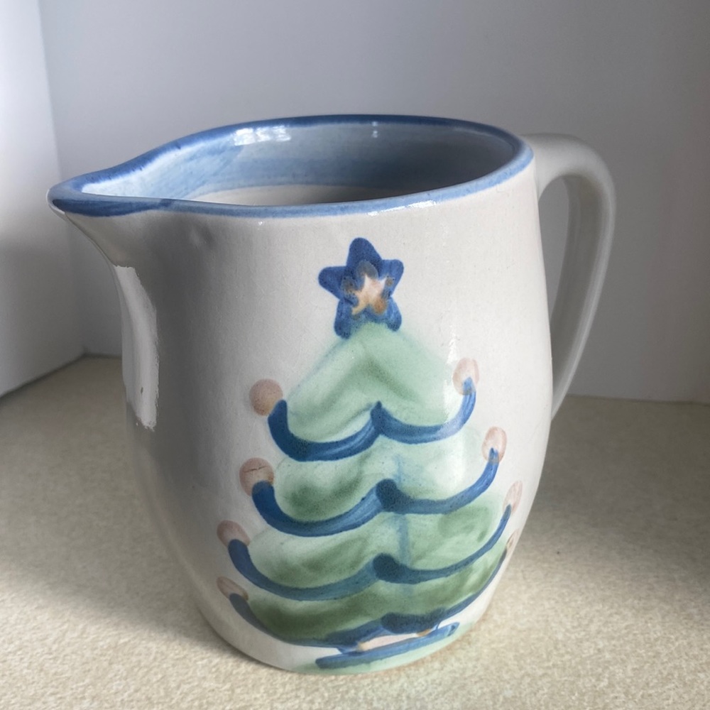 Vintage M.A. Hadley Pottery folk art Christmas tree design 5” serving pitcher